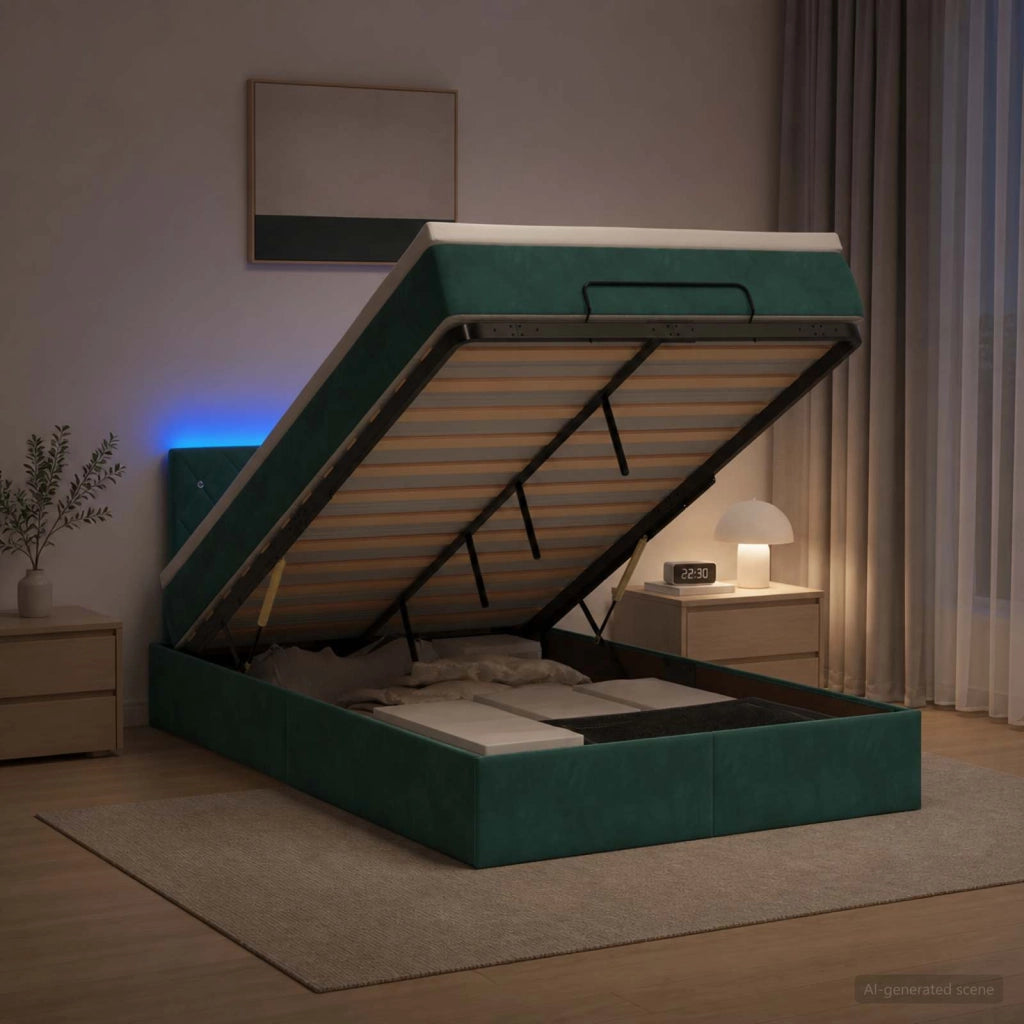 Letto Ottomano con Materasso e LED Verde Scuro 120 x 200 cm 3457062