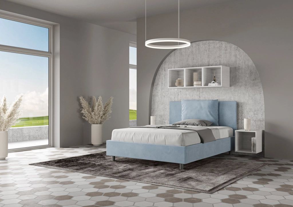 BS COM Letto matrimoniale francese senza rete imbottito 140x210 microfibra azzurro