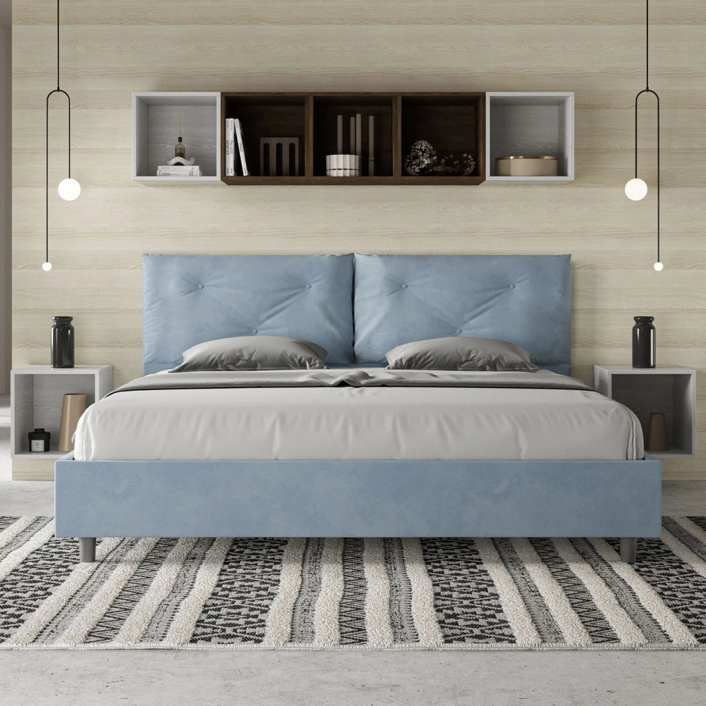 BS COM Letto matrimoniale king size senza rete imbottito 190x210 microfibra azzurro Large