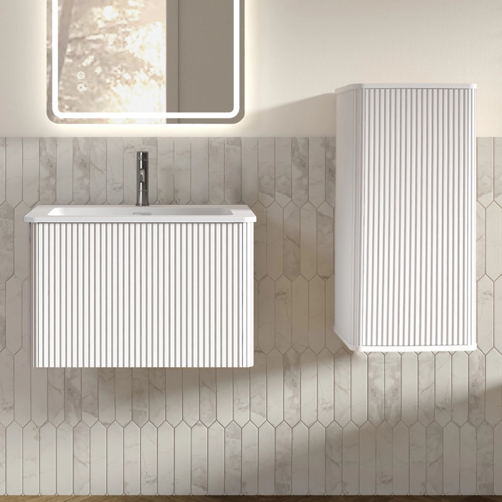 Set mobili da bagno sospeso con mobile lavabo e colonna, MDF bianco