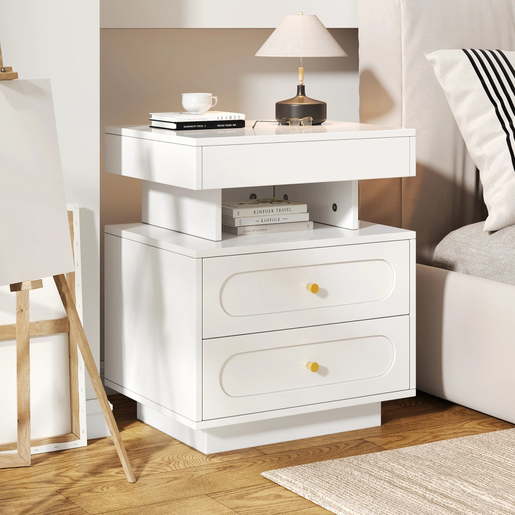 Comodino con LED e 2 Cassetti ¨C MINIMAL ¨C Bianco 50x40x60 cm
