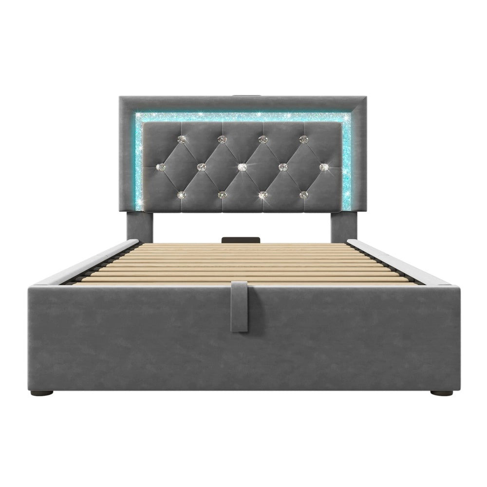 Letto Imbottito Singolo con Contenitore Idraulico e LED ¨C MINIMAL ¨C Velluto Grigio 90x200