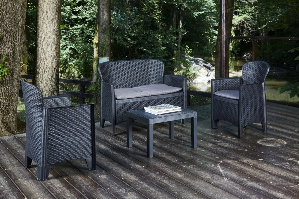 Salottino da esterno Debois, Set da giardino con 2 poltrone, 1 divano ed 1 tavolino, Salottino effetto rattan con cuscini, 100% Made in Italy, Antracite