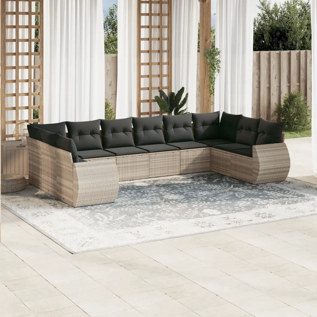 Set Divano Giardino 10 pz con Cuscini Grigio Chiaro Polyrattan