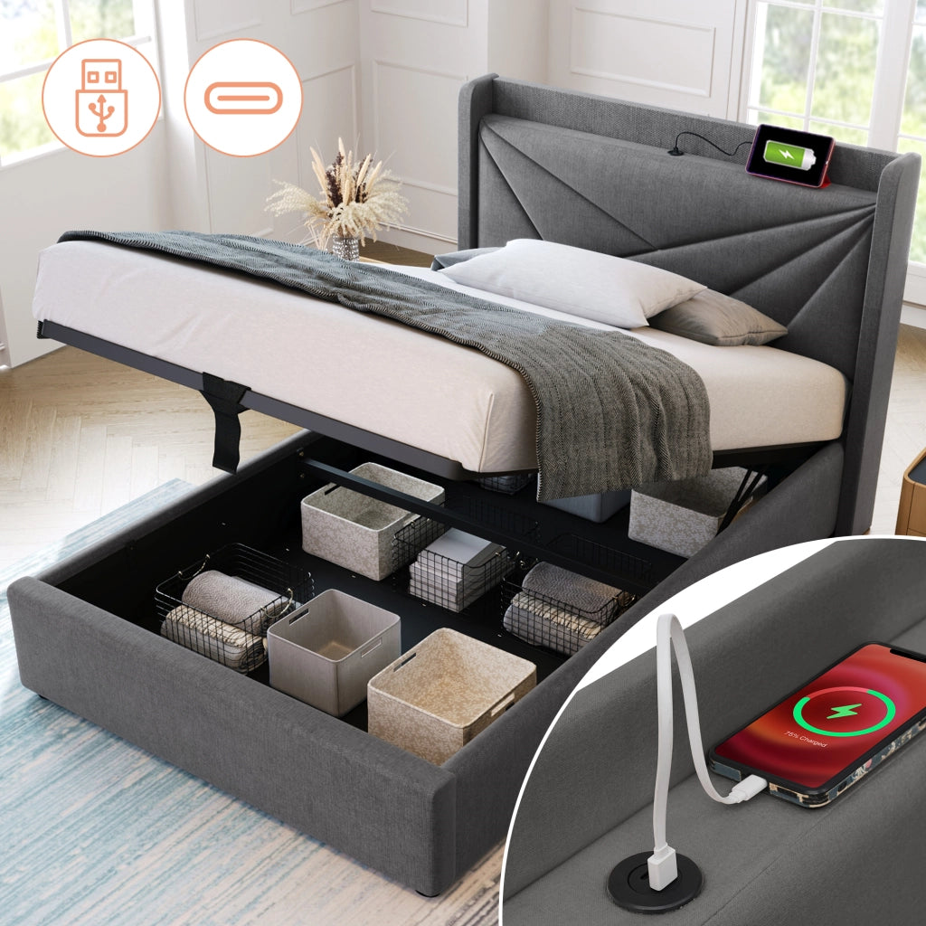 LETTO Contenitore 90x200 cm Grigio in cotone e lino con USB e Type-C