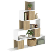 Libreria a 5 Ripiani con Design a Gradini Bianco e Naturale