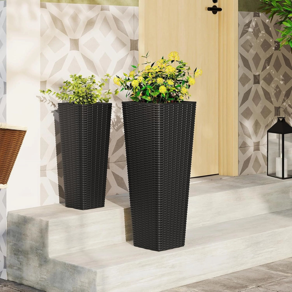 2 Vasi Alti per Piante da Interno ed Esterno, Grandi Fioriere in Rattan con Vassoi Interni Rimovibili, Fori di Drenaggio, Fioriere Decorative per Giardino, Cortile e Balcone (Nero)
