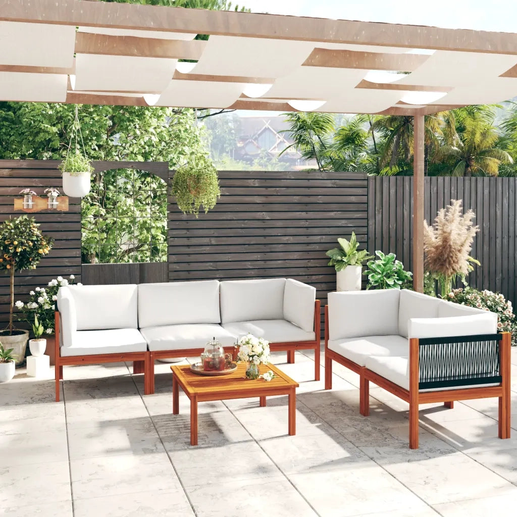 Set da giardino 6 pezzi con cuscini in legno crema, acacia e corda