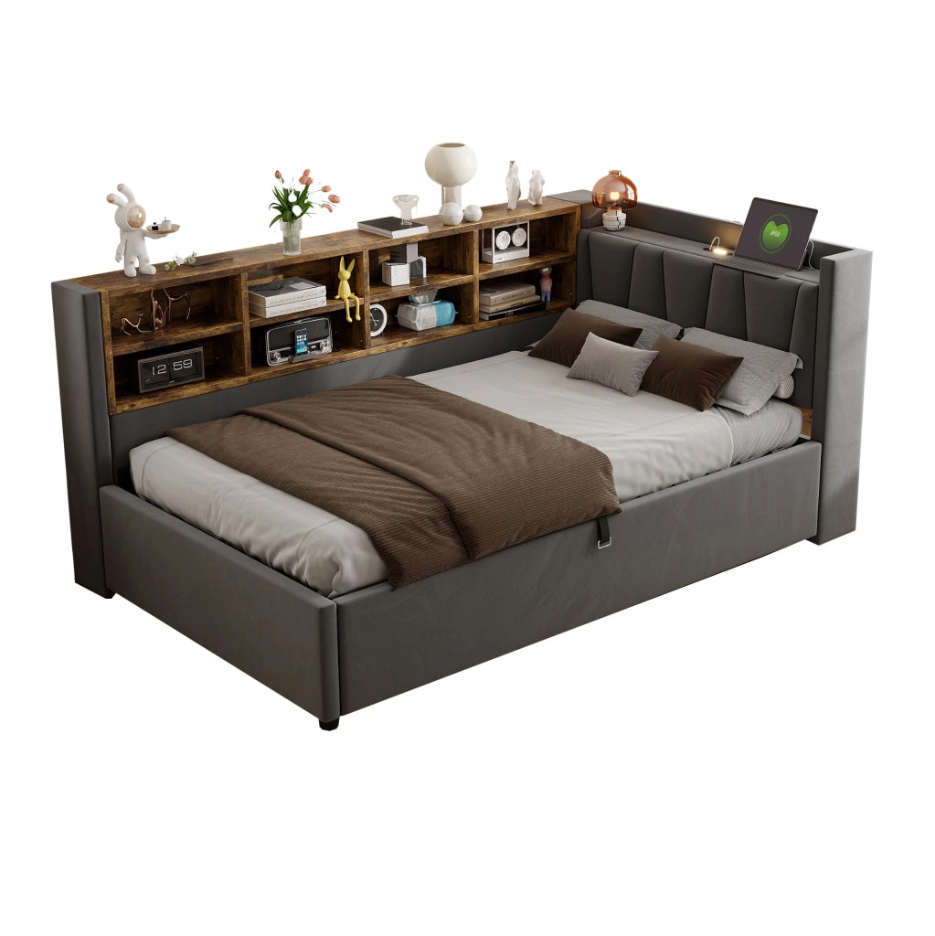 Letto imbottito 90x200 cm; testiera multifunzione con luce e porte USB e Type C; velluto; grigio