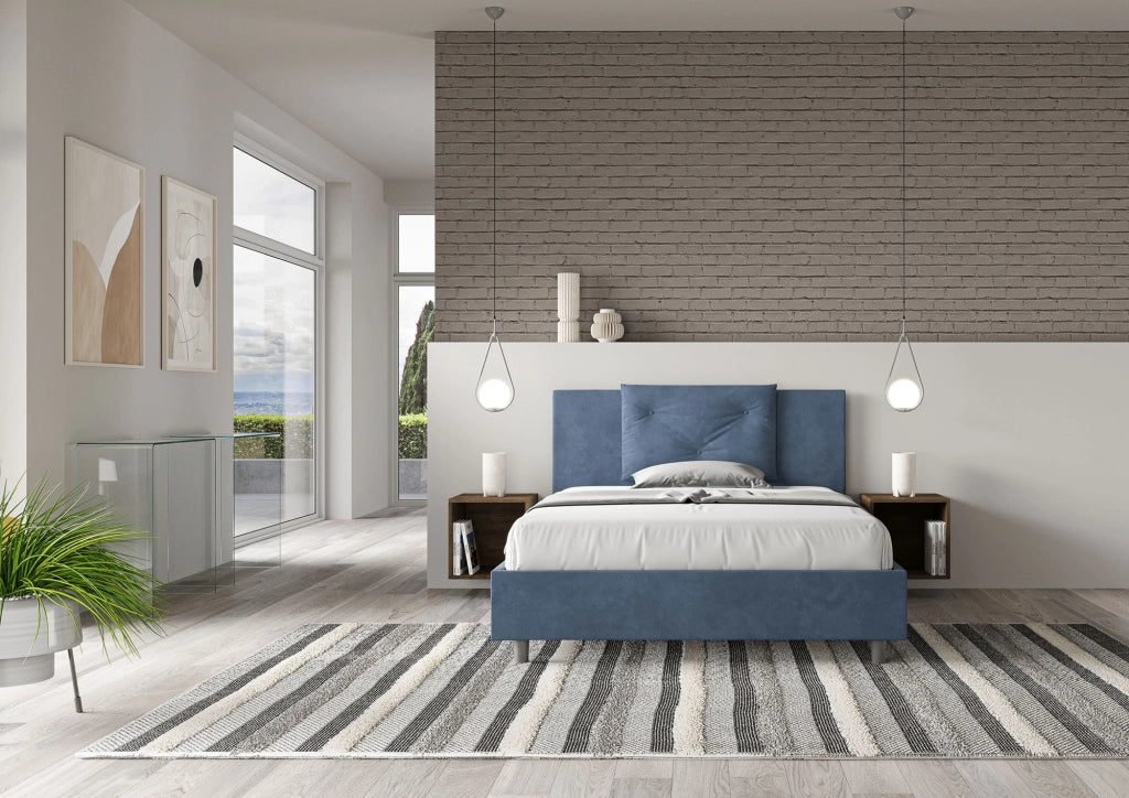 BS COM Letto una piazza e mezza contenitore imbottito 130x200 microfibra blu