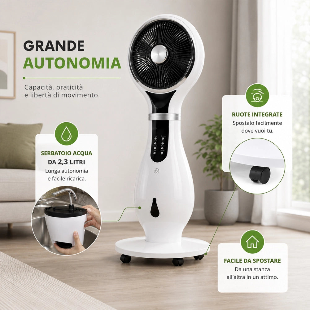 Ventilatore con Ruote Combinato Umidificatore Ioni Anti Zanzare 40x40x110cm