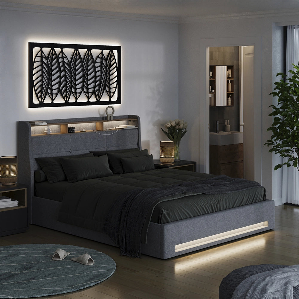 Vitalispa Letto imbottito Grigio/quercia 160x200 con LED e porta USB