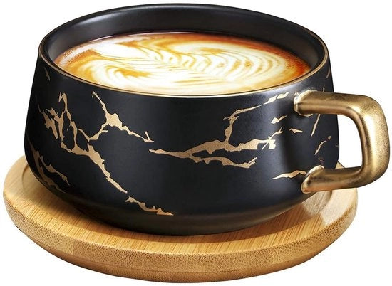 Tazze da caffè con piatto - ceramica - nero - 300 ml