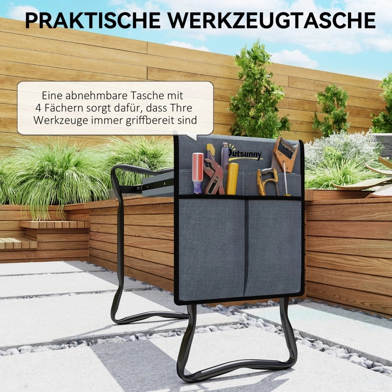 Panca da giardino pieghevole con cuscino per le ginocchia e tasche porta attrezzi, supporta fino a 150 kg, 58 x 28 x 49 cm, grigia