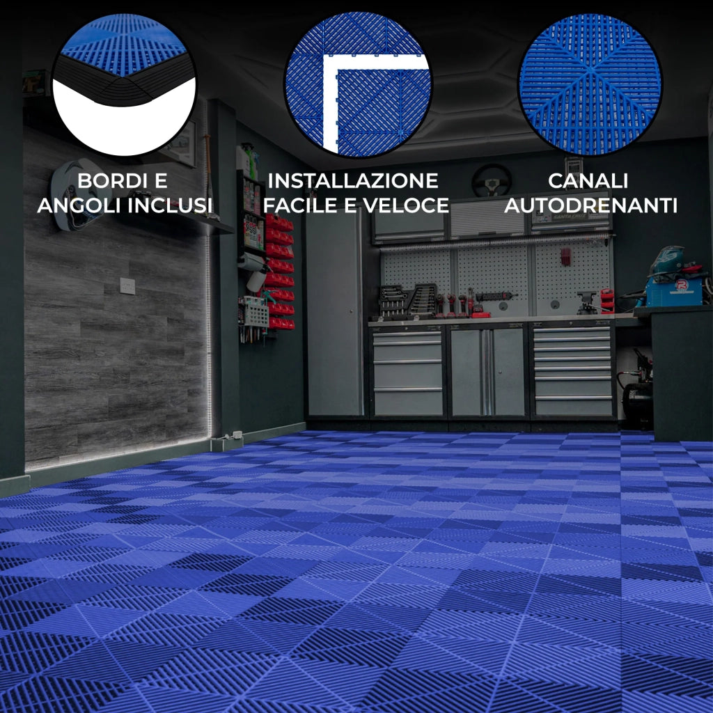 Piastrelle a incastro ventilate Blu 3,2m x 6m per garage e officine, antiscivolo.