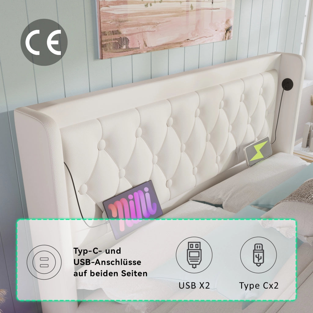 LETTO Contenitore 160x200 cm in PU Bianco con USB Type-C e LED