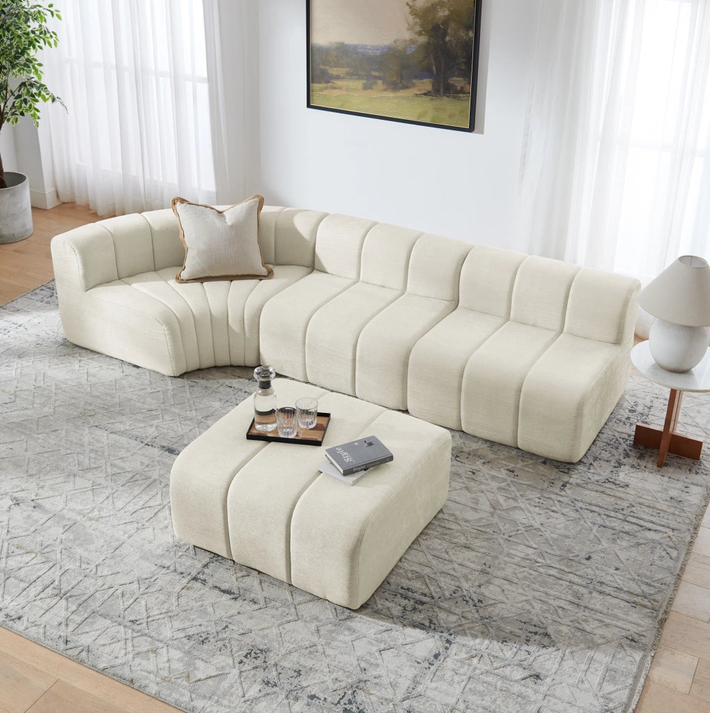 Divano angolare modulare a 4 posti in chenille beige; componibile e multifunzione