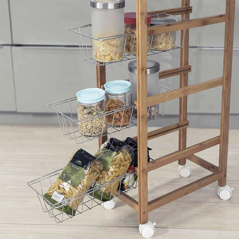 Carrello Cucina Slim Salvaspazio in Bambù con ruote 3 Cestelli e Vassoio