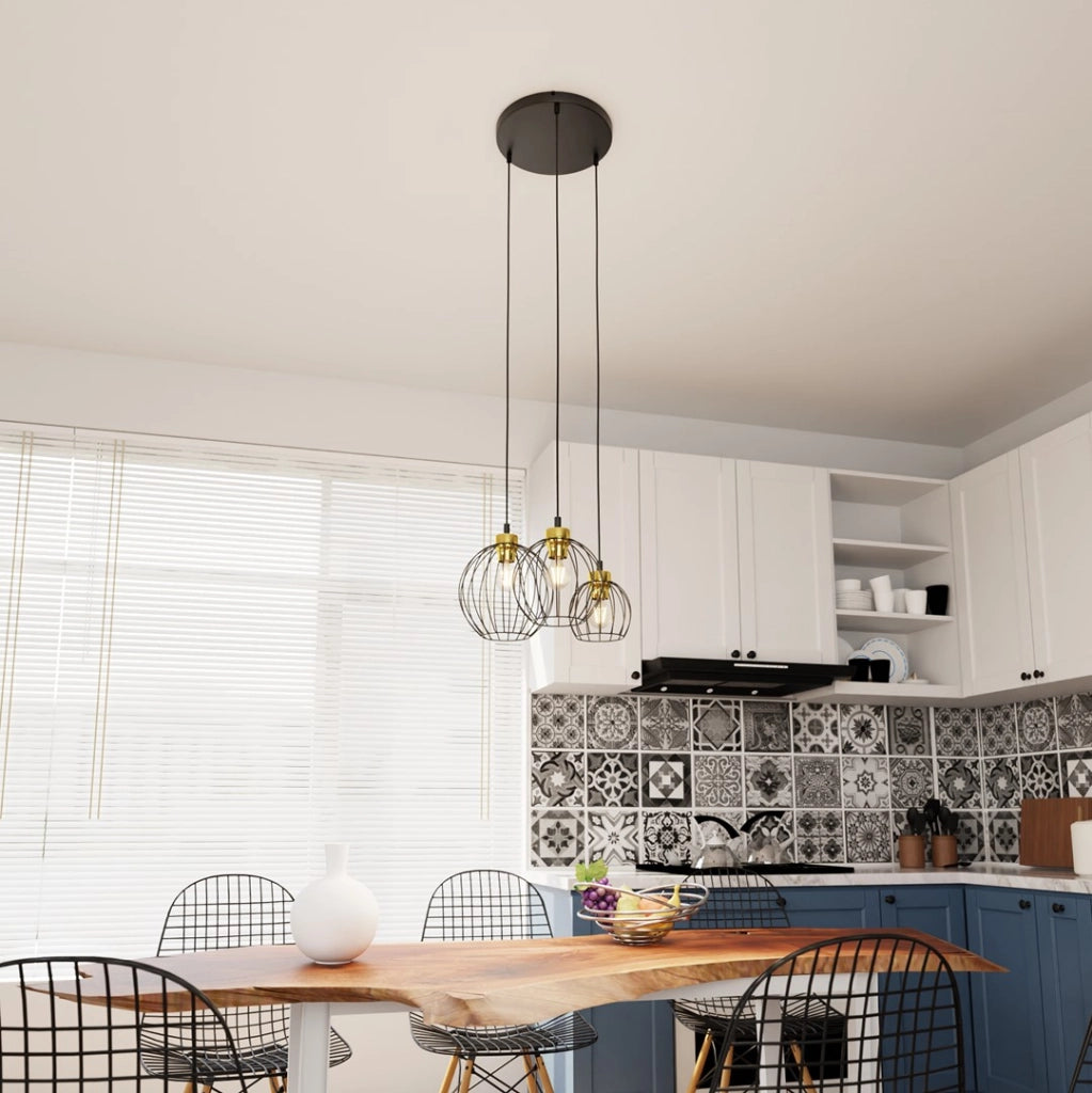 Lampada a sospensione loft tonda nero-oro 3xE27 Nando
