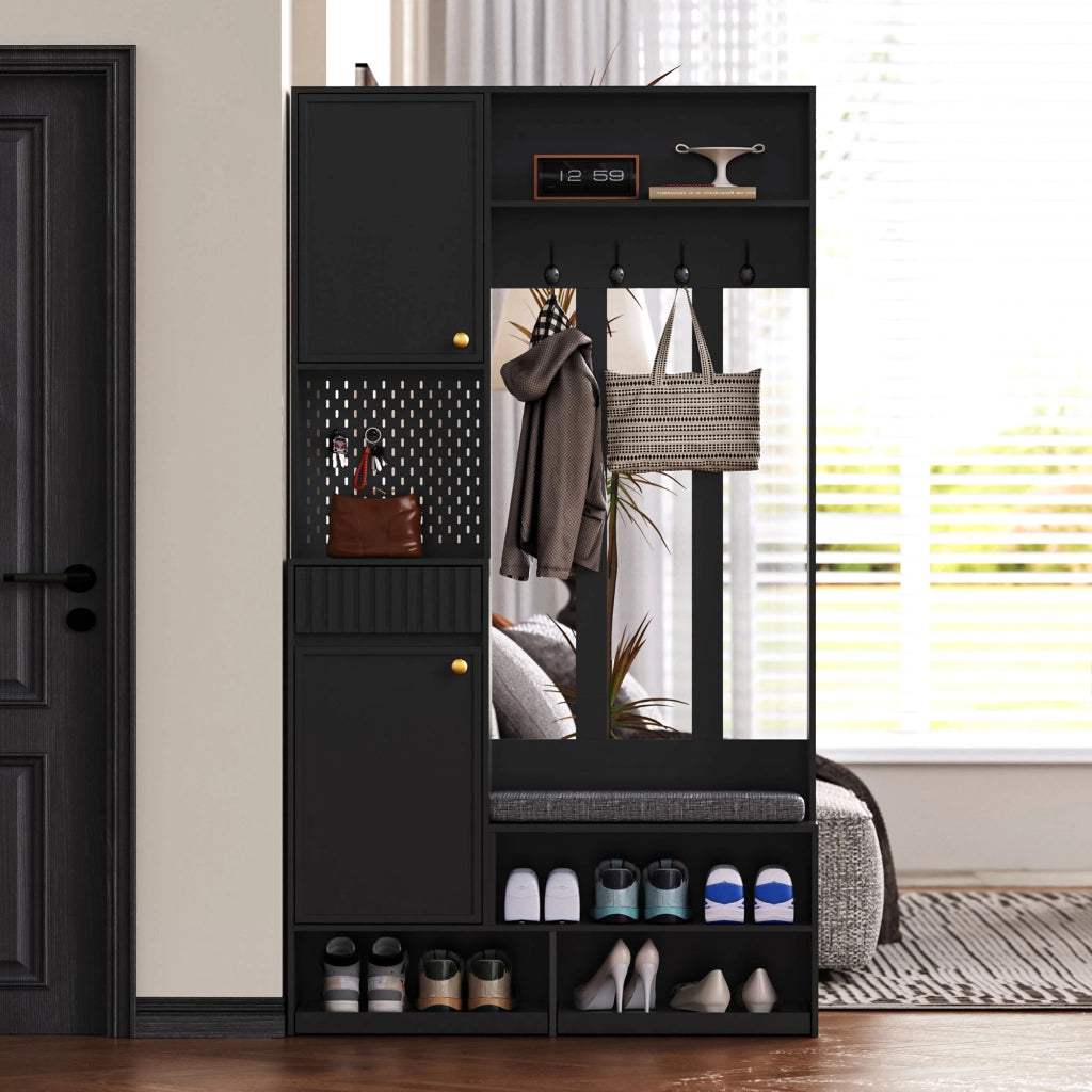 GARDEROBA DA INGRESSO con panca e 4 ganci 100x180x35 cm Nero