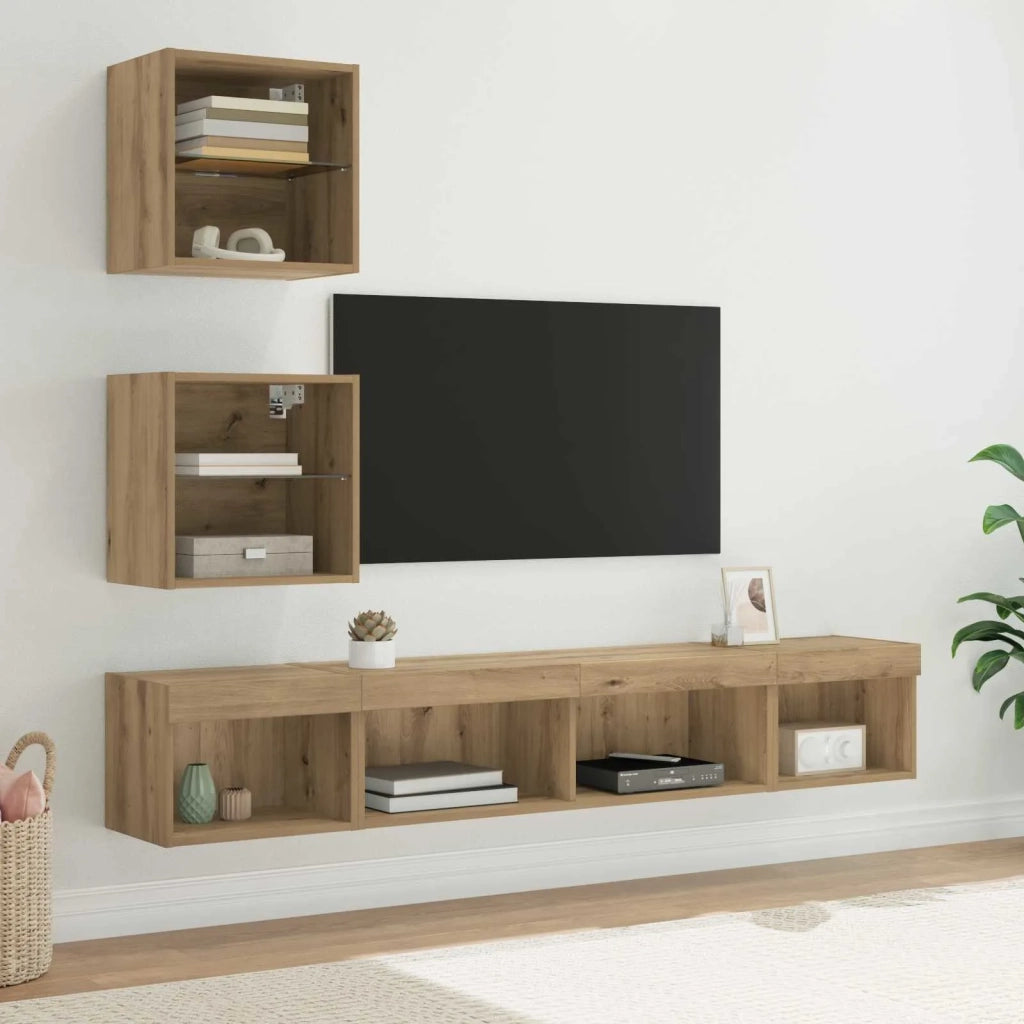 Unit¨¤ a muro per TV con LED con led 5 pz | Armadietto TV | Mobile Porta TV Rovere artigianale