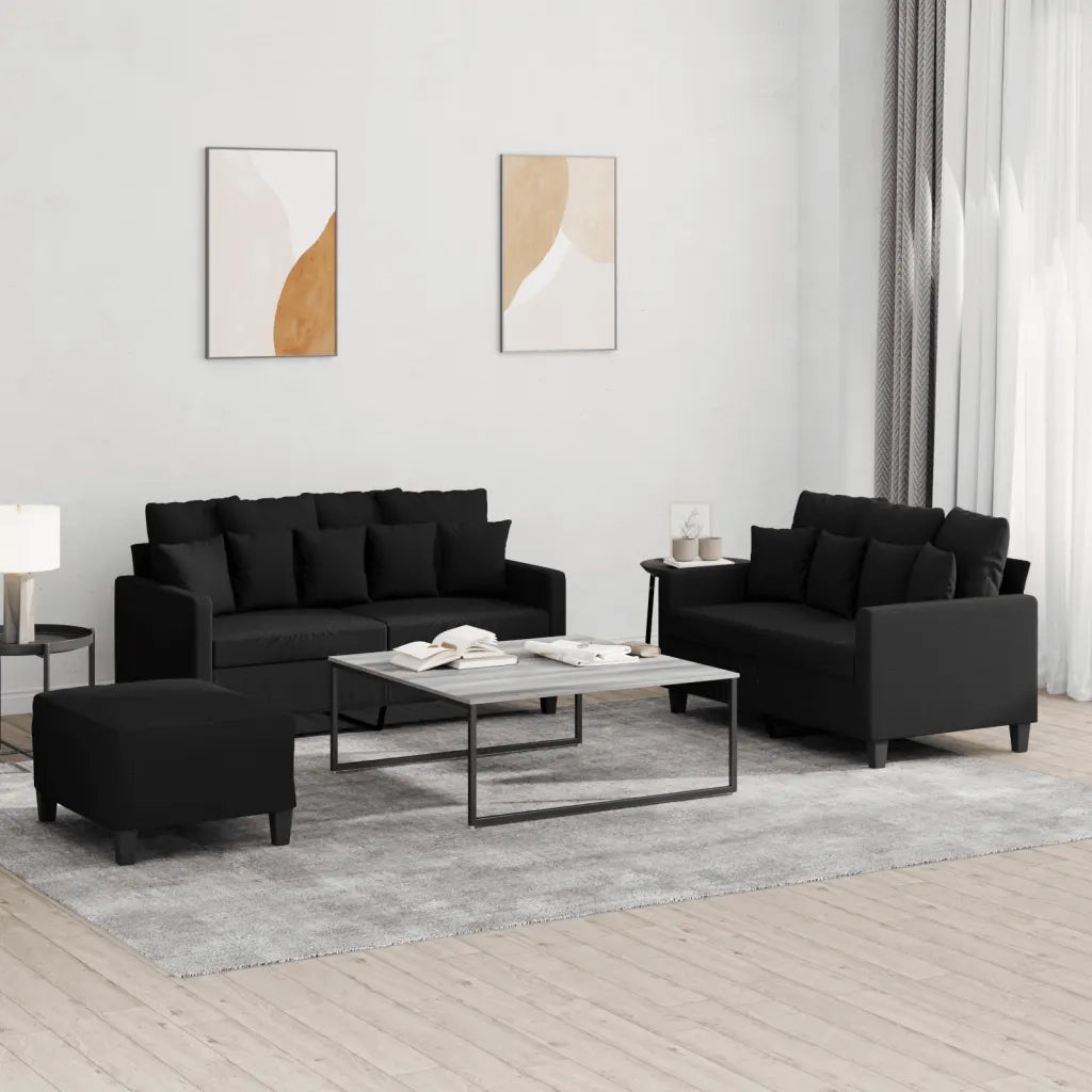 Set di Divani 3 pz con Cuscini Nero in Tessuto