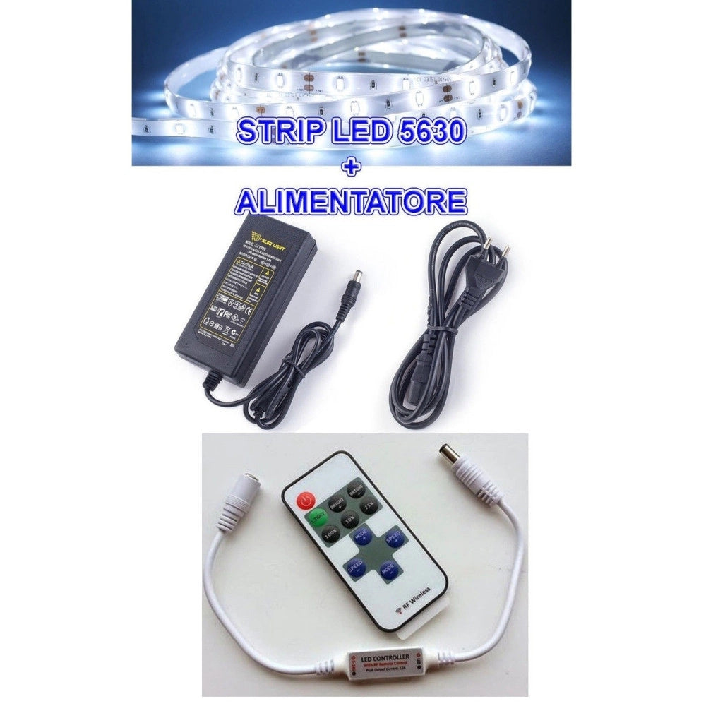 Trade Shop - 5m Striscia Strip Led Smd 5630 + Alimentatore 5a + Dimmer Telecomando Controller -