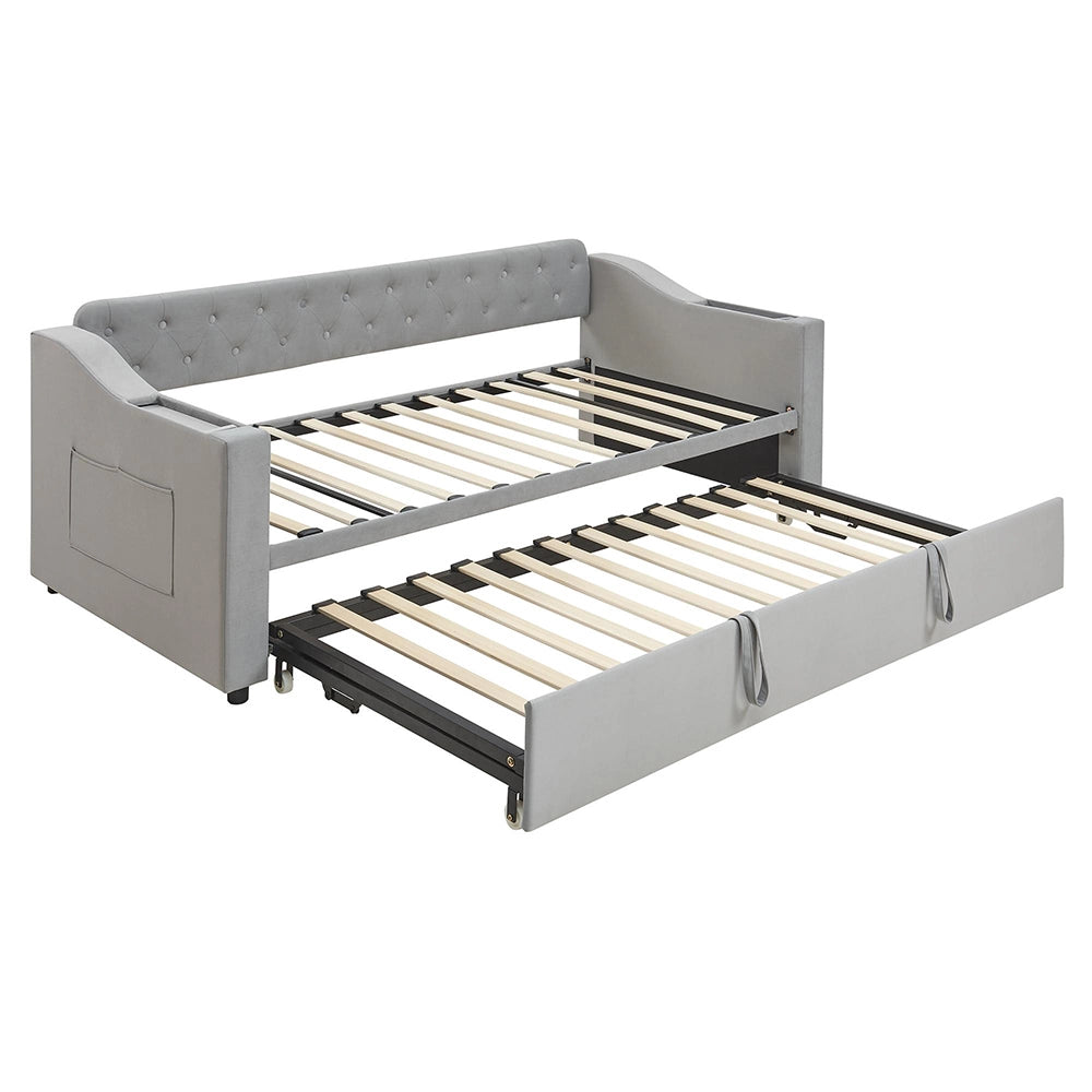 Divano letto - Xylo - 90/180x190 cm braccioli USB velluto grigio