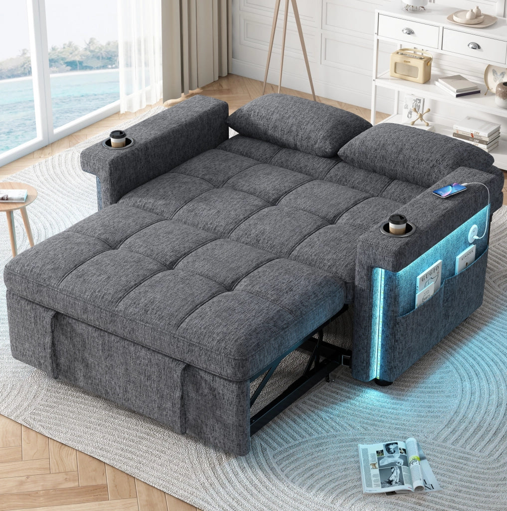 Divano letto 2 posti convertibile 145 x 141;5 x 90 cm in chenille grigio con LED e USB