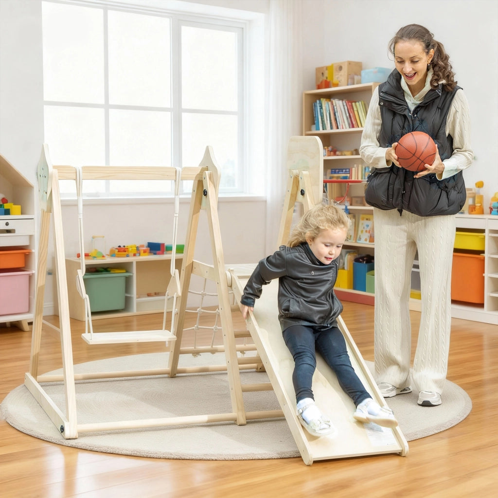 Casa gioco per bambini con scivolo e altalena ¨C Minimal ¨C legno 140x172.5x116.5 cm