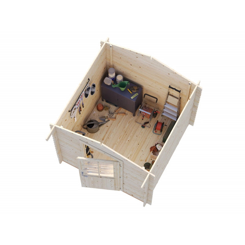 Casetta in legno da giardino 218x218 cm pareti 28 mm con pavimento incluso e porta con vetro, deposito attrezzi esterno - Esterni da Vivere