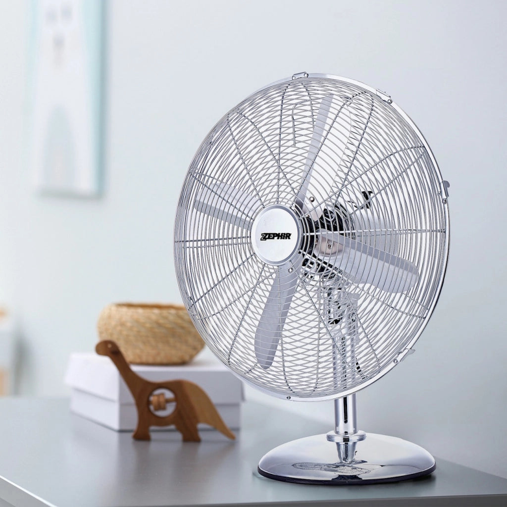 Zephir PF41CR Ventilatore da Tavolo, Corpo in Acciaio Cromato, Diametro 40 cm, 3 Velocità, 4 pale, Oscillazione Laterale Automatica, Griglia di Sicurezza,
