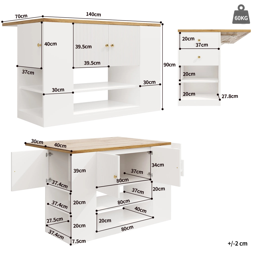 TAVOLO Isola cucina pieghevole 140x70x90 cm MDF bianco