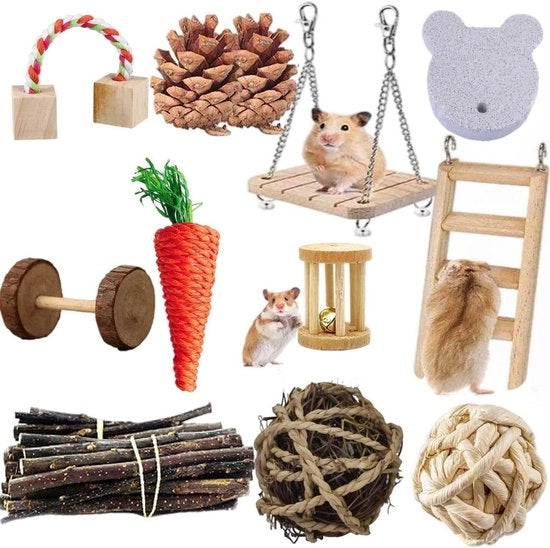 Giocattoli per Hamster e Conigli 21PCS Attività per Animali Piccoli Accessori Cura dei Denti di Molaro Legno di Mele Scale Campanello Rotolatore per Hamster Dwarfs Ratti Chinchiilli Gerbili Conigli (21PCS)