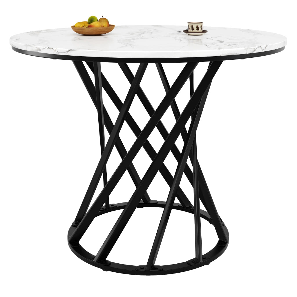 Tavolo da Pranzo Rotondo ¨C Xylo ¨C Piano MDF Effetto Marmo, Gambe in Metallo Nero, 80x80x76