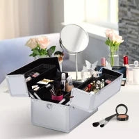 Valigetta Porta Trucchi a 3 Livelli con 2 Serrature, in Alluminio, MDF ed EVA, 36.5x24x29 cm, Argento