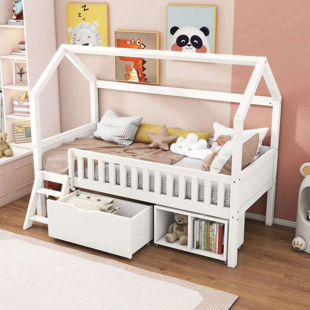 Letto Casetta Bambini 200x90 con Cassetti e Sponde ¨C Xylo ¨C Bianco