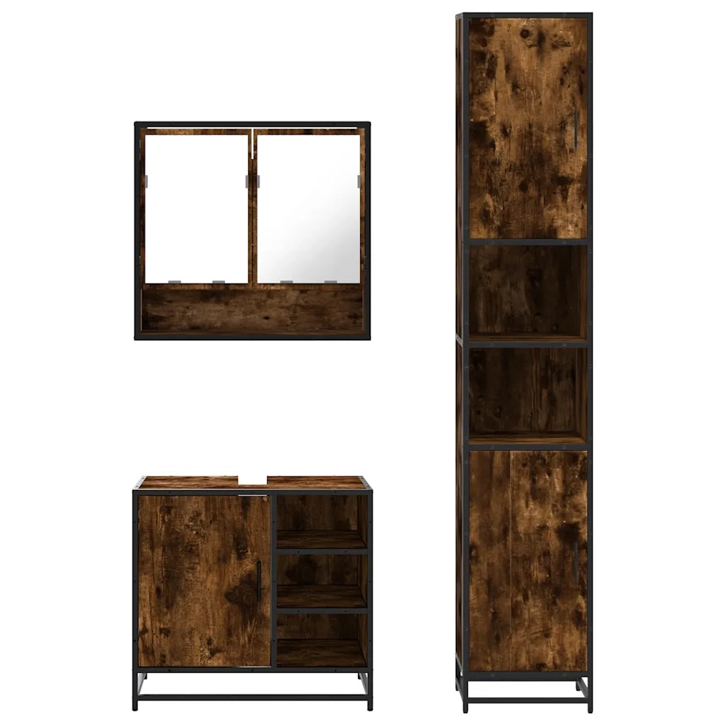 Set Mobili da Bagno | Armadio da bagno 3 pz Rovere Fumo in Legno Multistrato