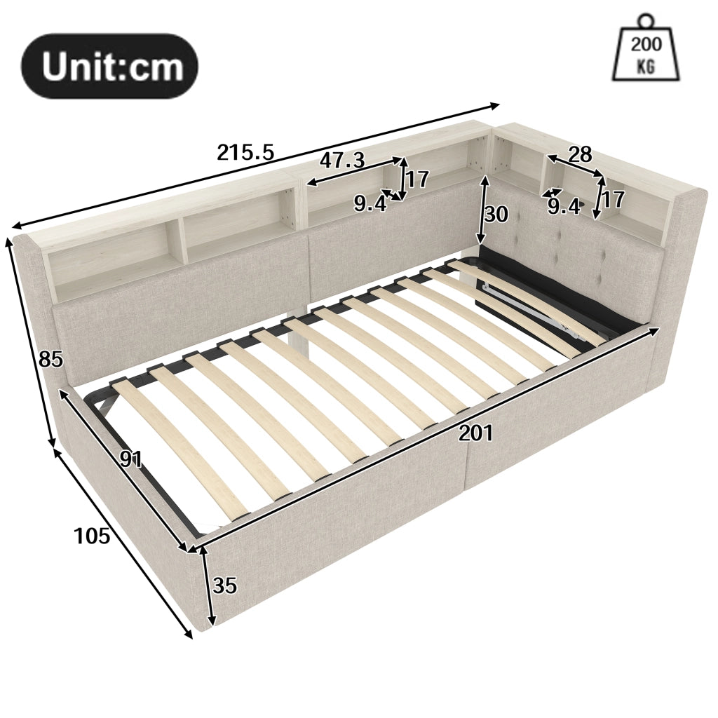 LETTO DAYBED 90x200 cm in lino beige con LED, USB e vano contenitore