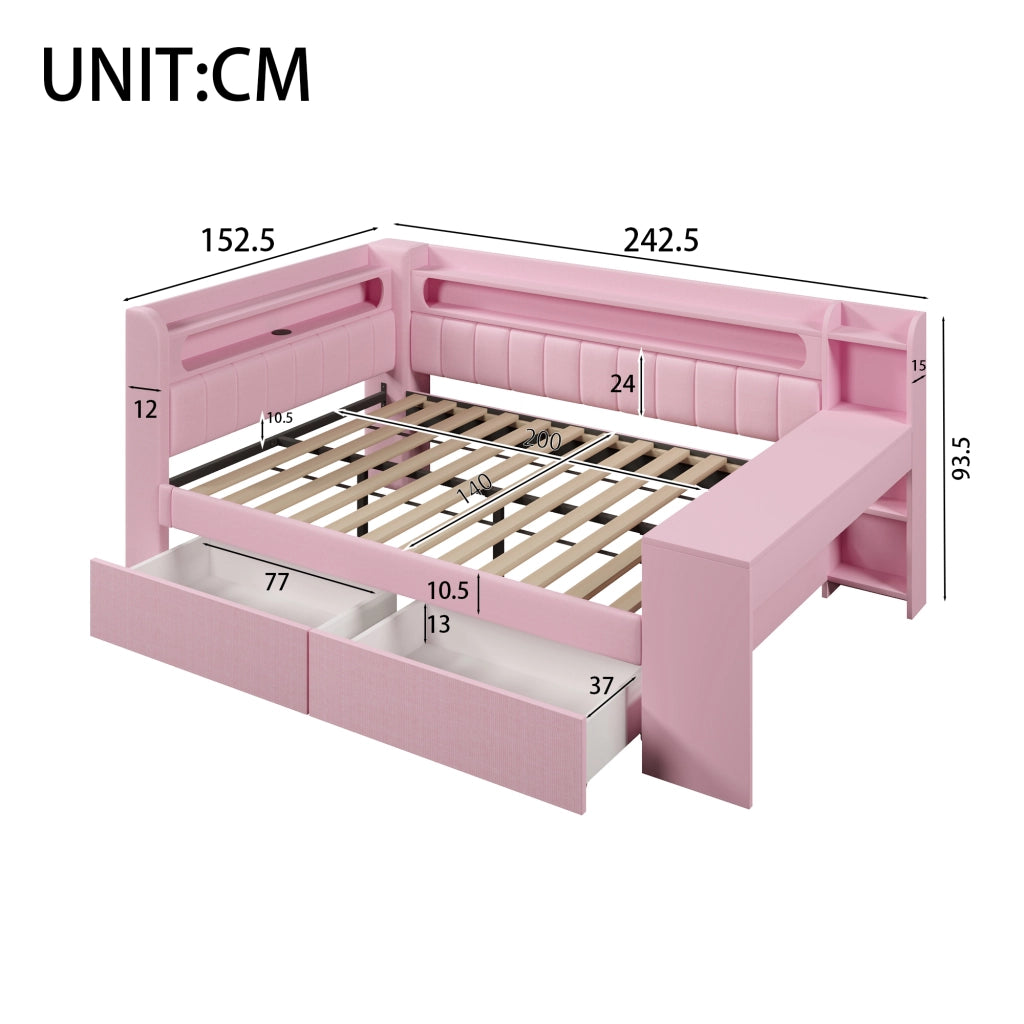 Letto imbottito 140x200 - Zephmum - Rosa con USB, LED, scrivania e 2 cassetti