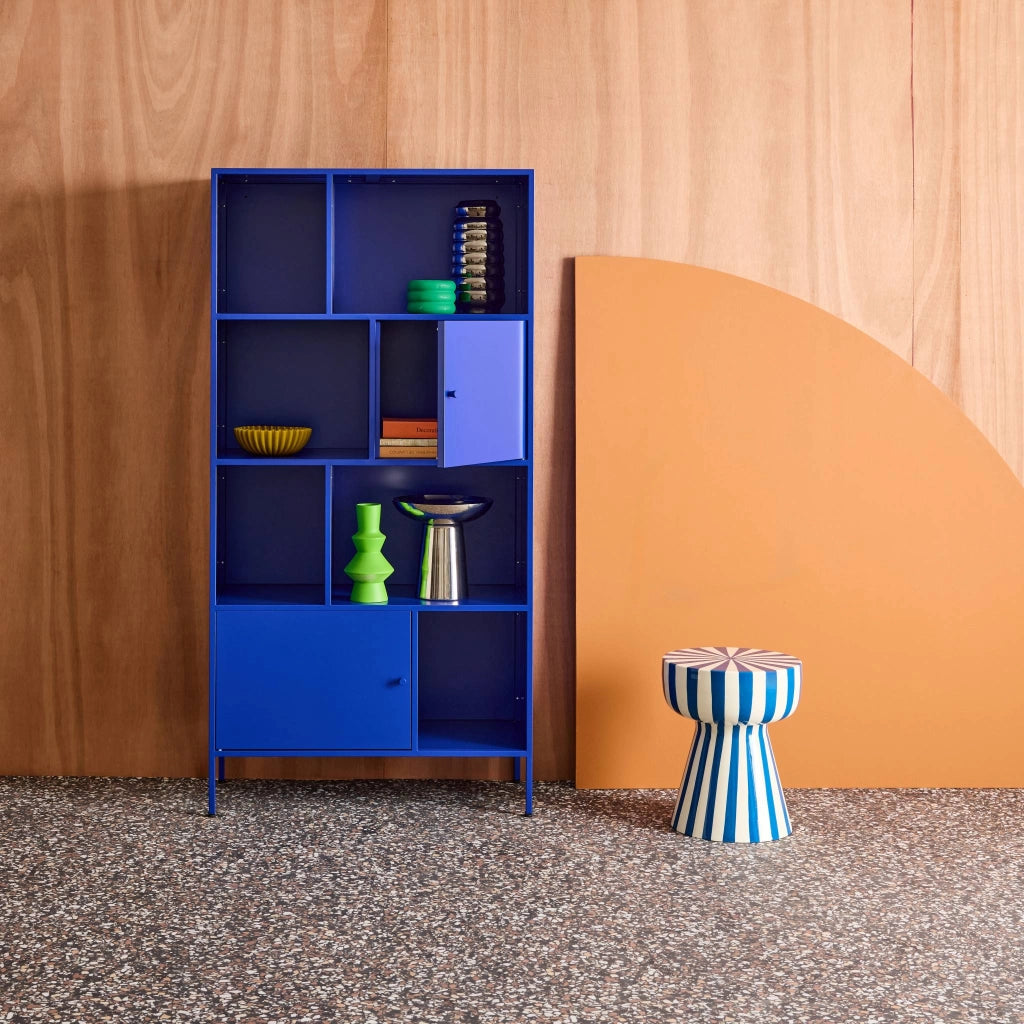 Credenza industriale in metallo con 8 scomparti, blu