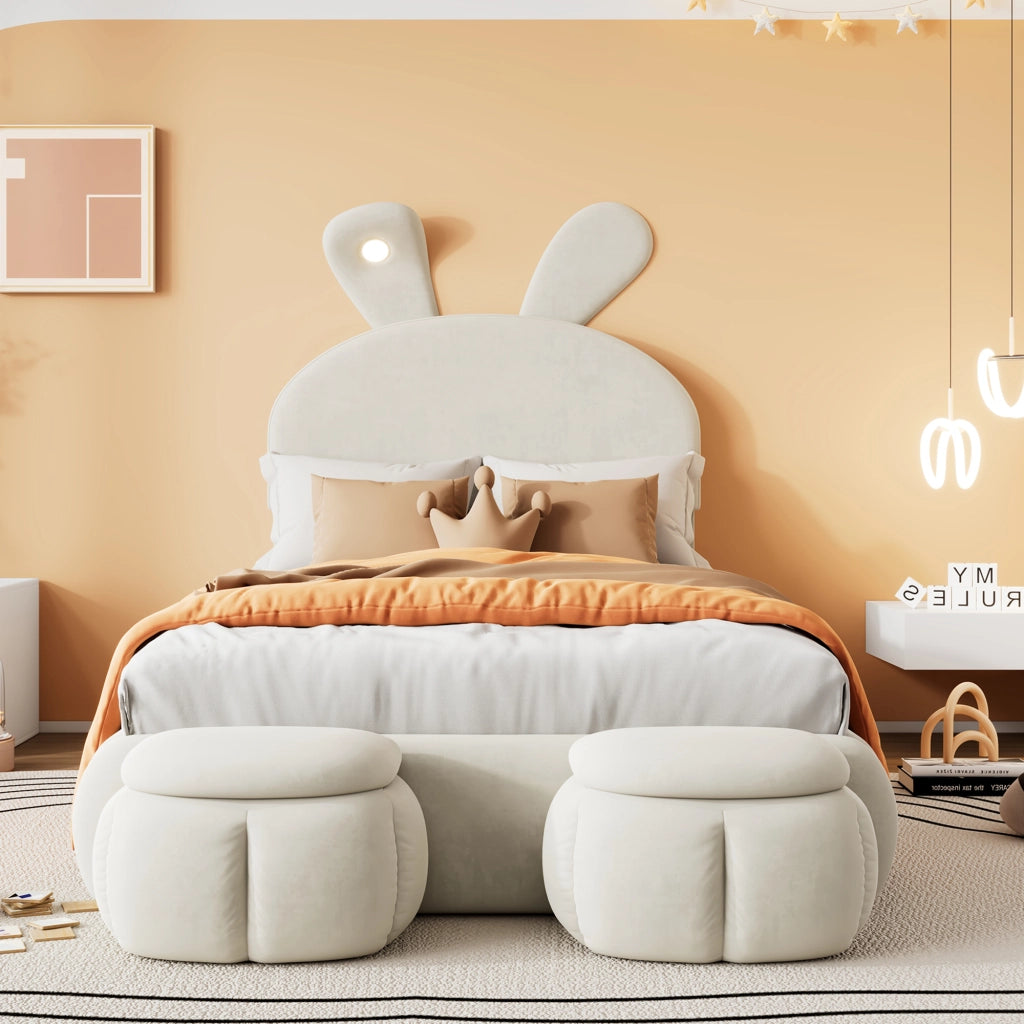 LETTO Singolo 90x200 cm in velluto beige con 2 pouf contenitore e luci LED