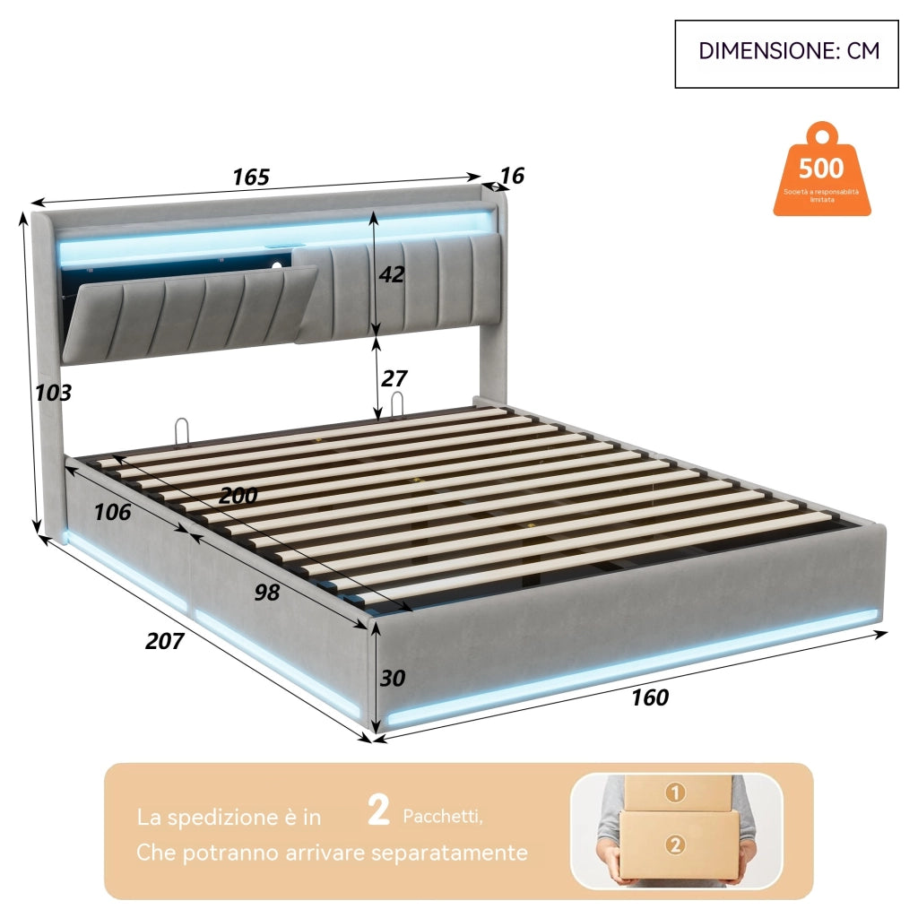 Letto matrimoniale 160x200 con contenitore;letto matrimoniale contenitore con testiera LED;struttura letto matrimoniale imbottita in velluto grigio