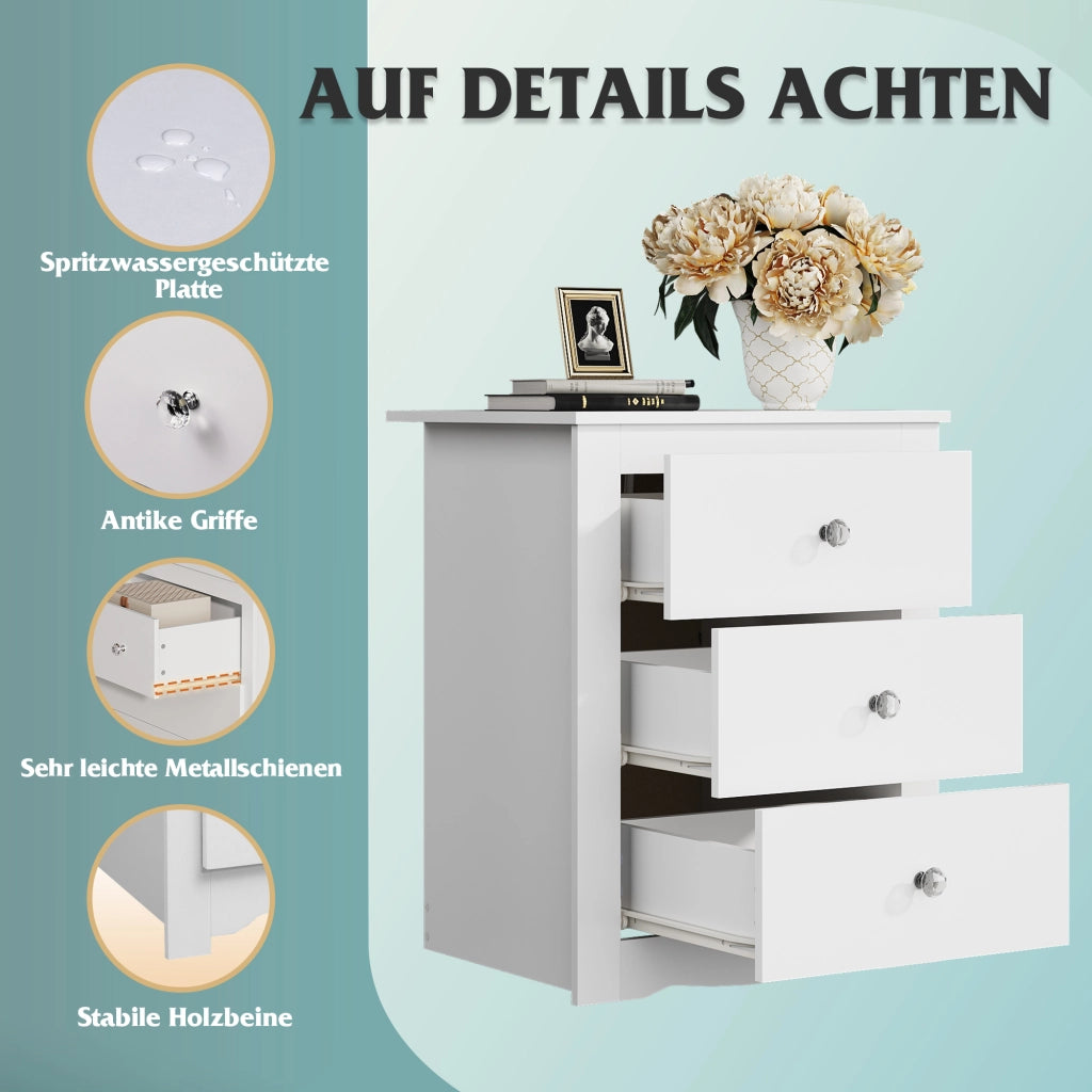 Comodino 3 Cassetti con Prese USB ¨C Zephmum ¨C Bianco 40x40x50 cm