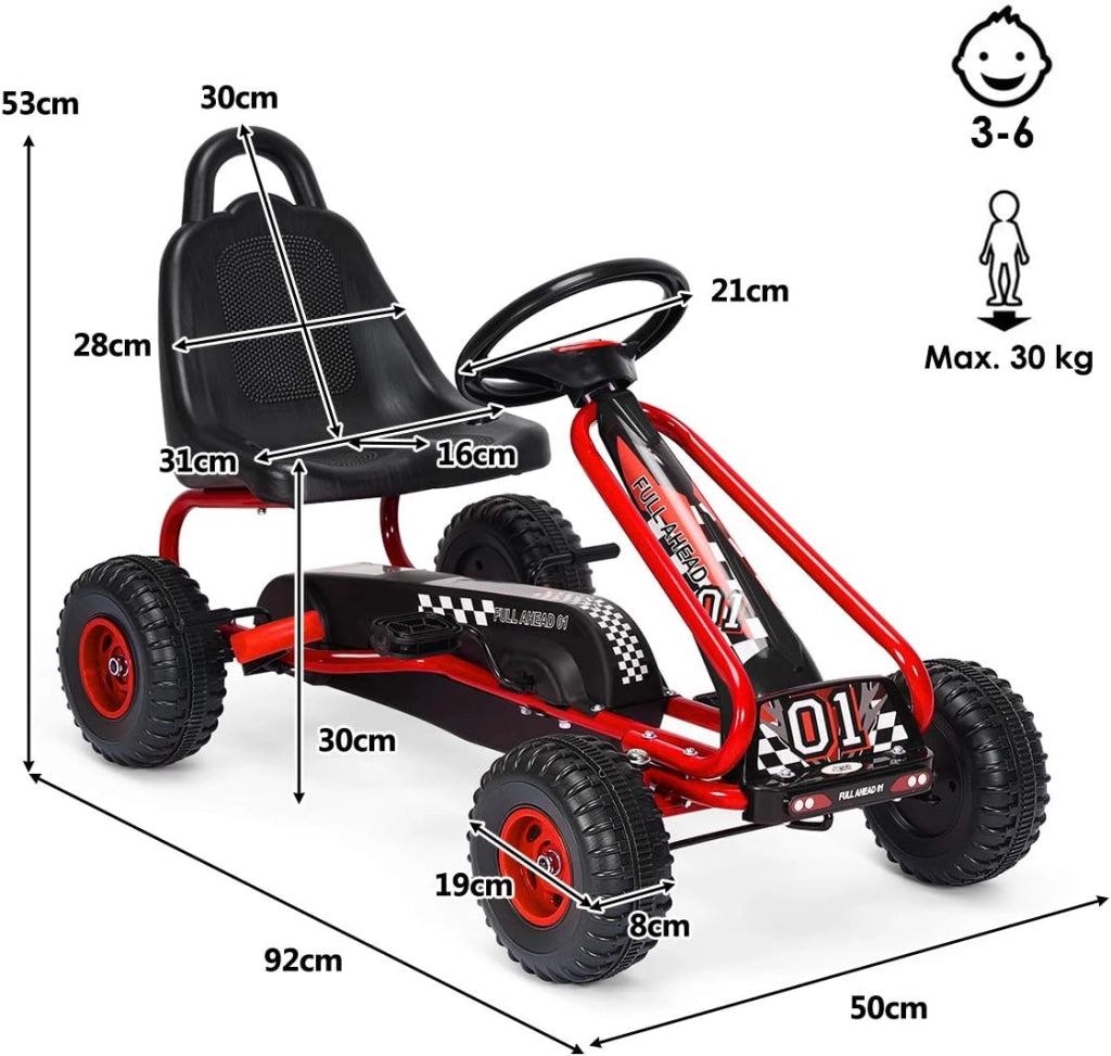 Go Kart a Pedali per Bambini, Go Kart Veicolo con Sedile Regolabile e Freno a Mano, per Bambini 3-6 Anni, Portata Massima 30 kg (Rosso)