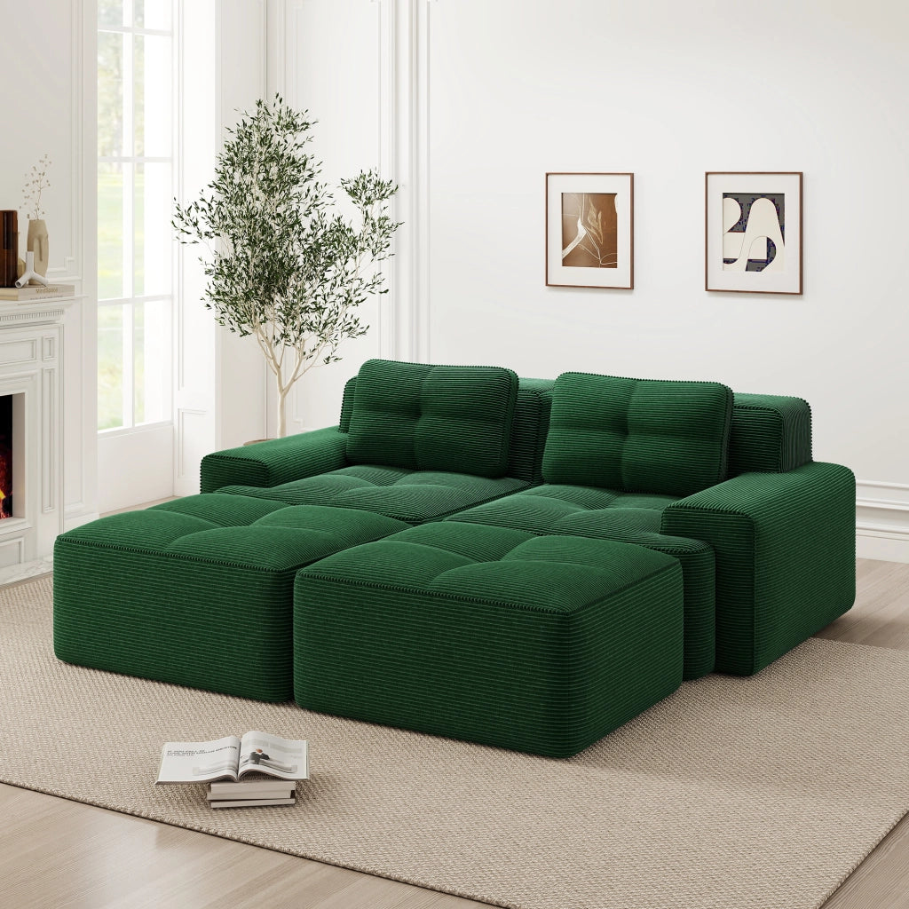 Divano Modulare a U con Ottoman ¨C Xylo ¨C Verde, Velluto a Coste, Componibile