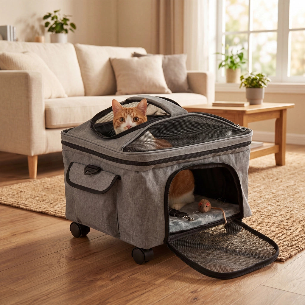 Trasportino per gatti e cani con manico telescopico con tappetino lavabile finestra in rete apribile, Borsa trasportino pieghevole con ruote scorrevoli