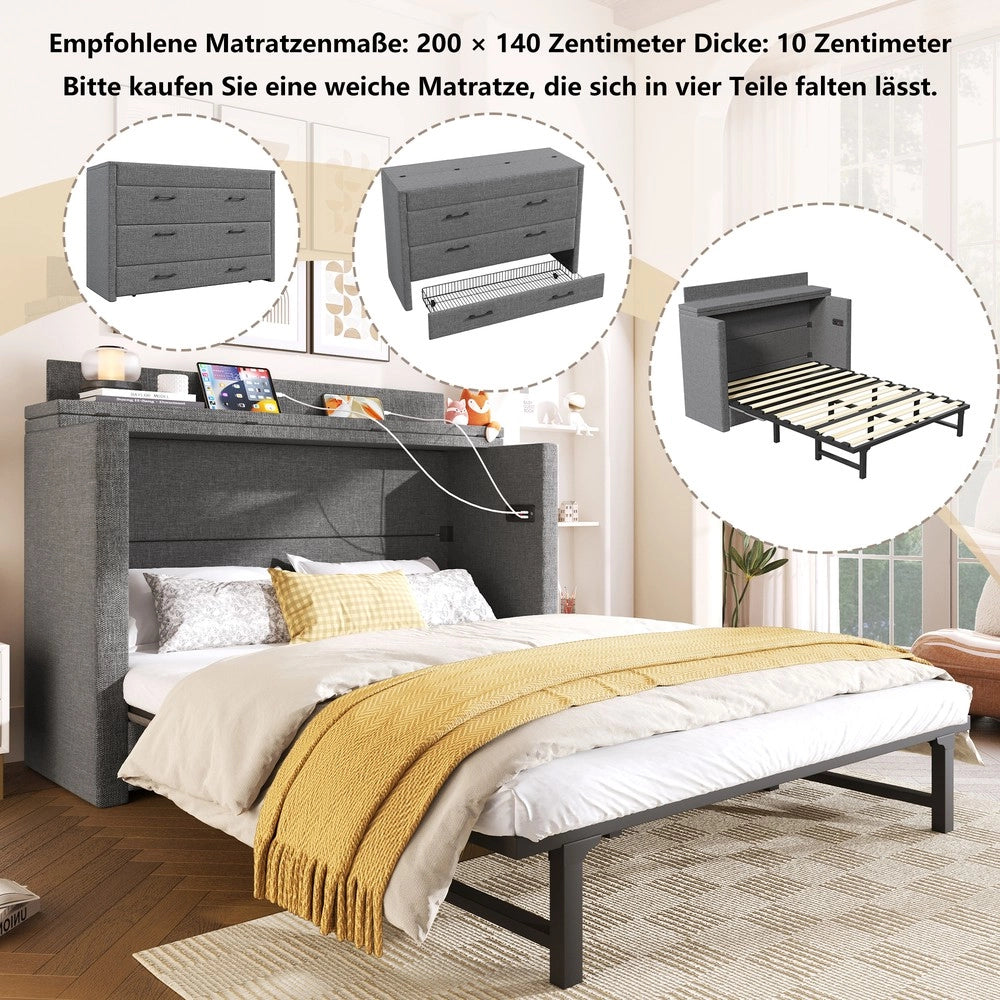 Letto a Scomparsa con Cassetto e Rete a Doghe ¨C MINIMAL ¨C Grigio, 140x200