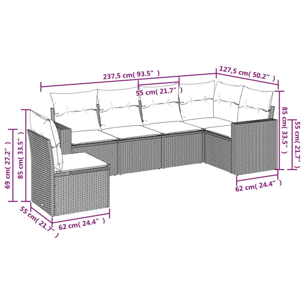 Set Divano da Giardino 6 pz con Cuscini Nero in Polyrattan 3219016