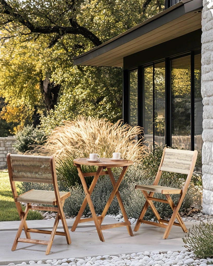 Set di 2 sedie da giardino pieghevoli in legno di acacia con schienale in corda beige stile classico tradizionale